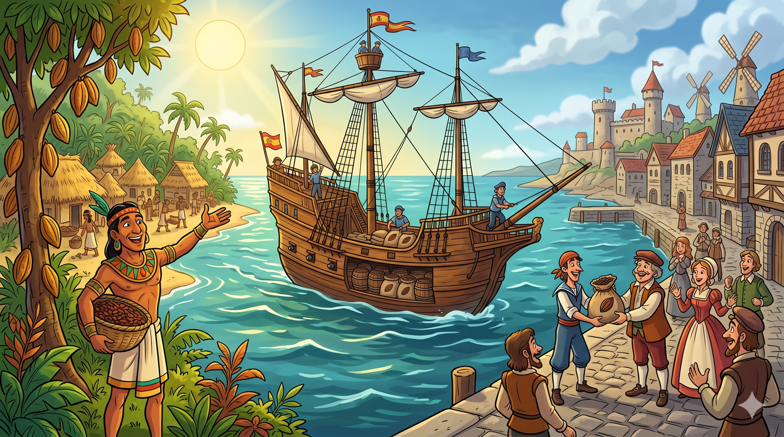 Spanish explorers discovering cacao in the Americas