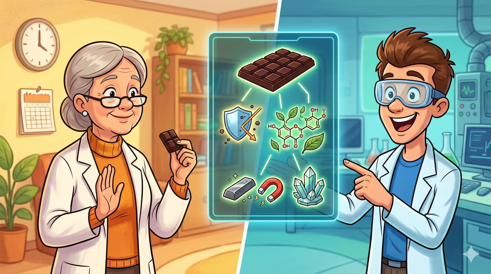 Dark chocolate and cacao showing its natural compounds