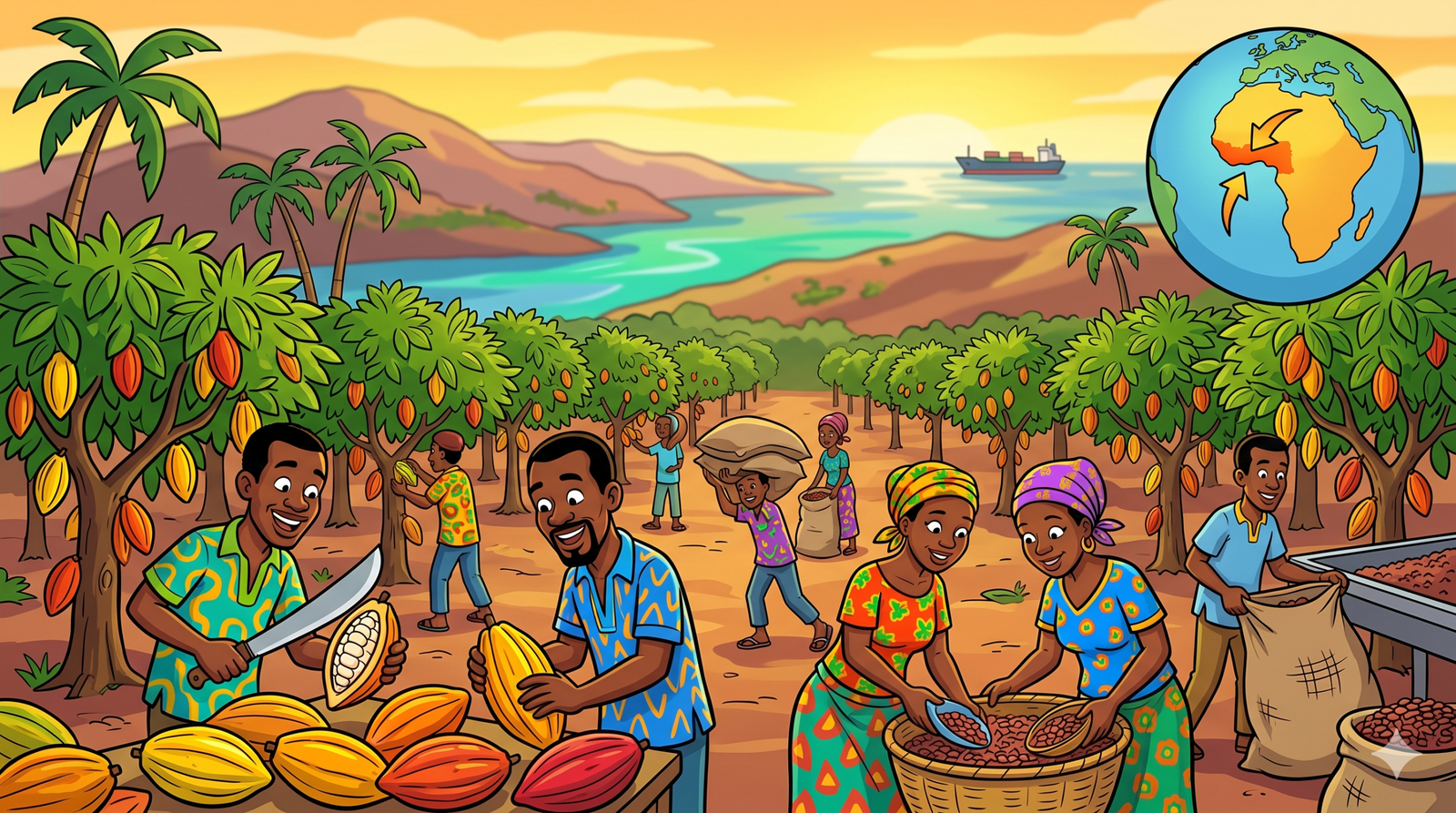 Cacao farming and cacao trees in a major growing region