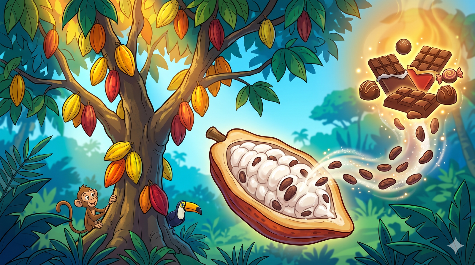 Colorful cacao pods growing on a cacao tree