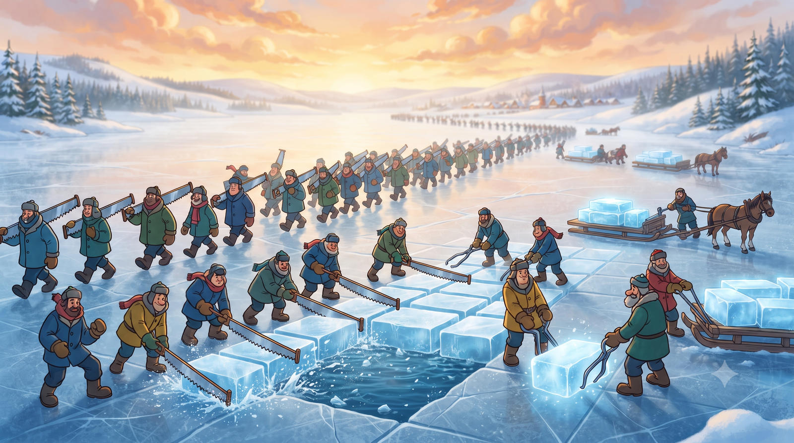 Workers harvesting natural ice from a frozen lake