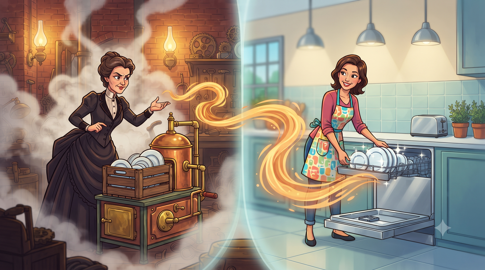 Evolution from Josephine Cochrane's dishwasher to the modern dishwasher