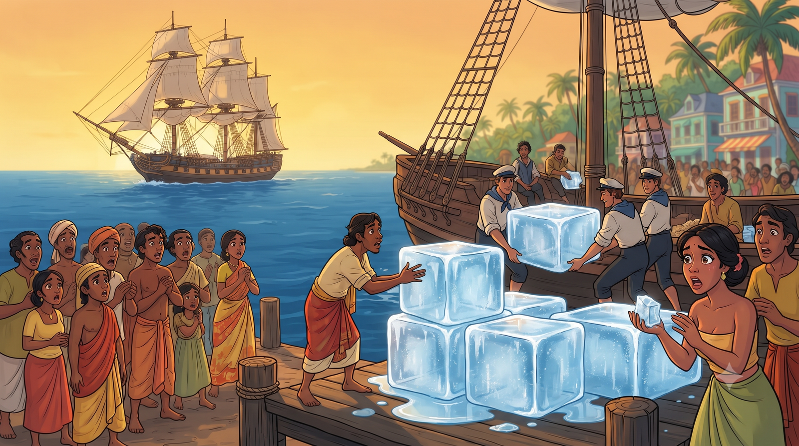 Historical ship transporting natural ice