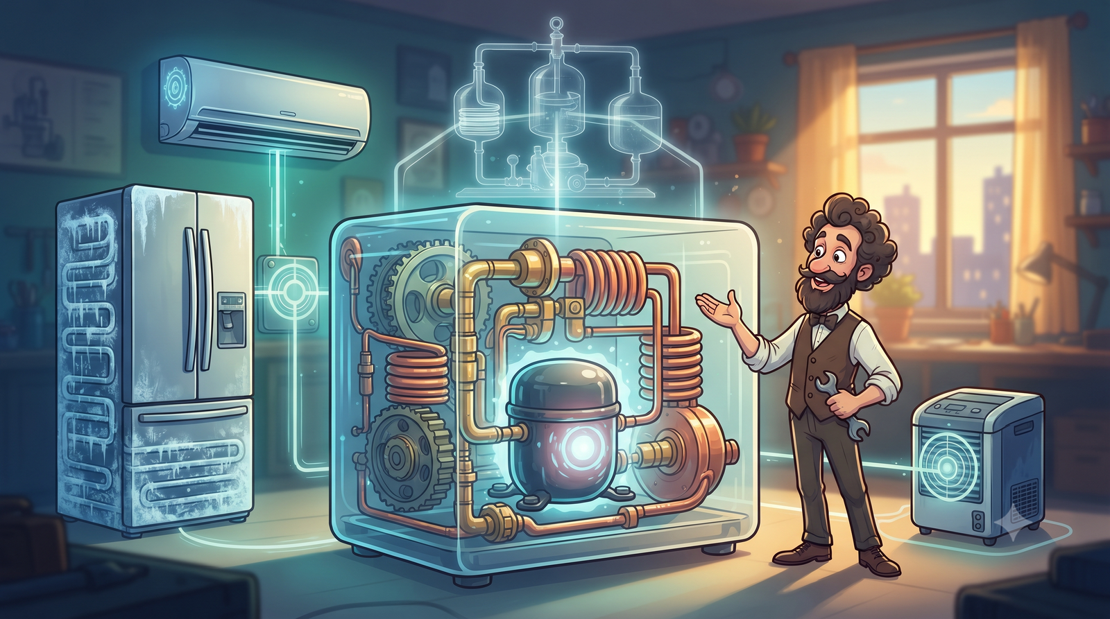 Early refrigerator with mechanical refrigeration equipment