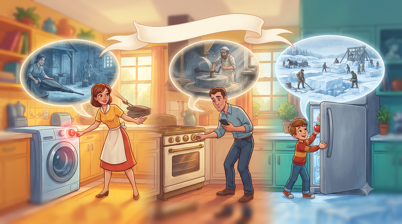 People performing household chores before modern appliances