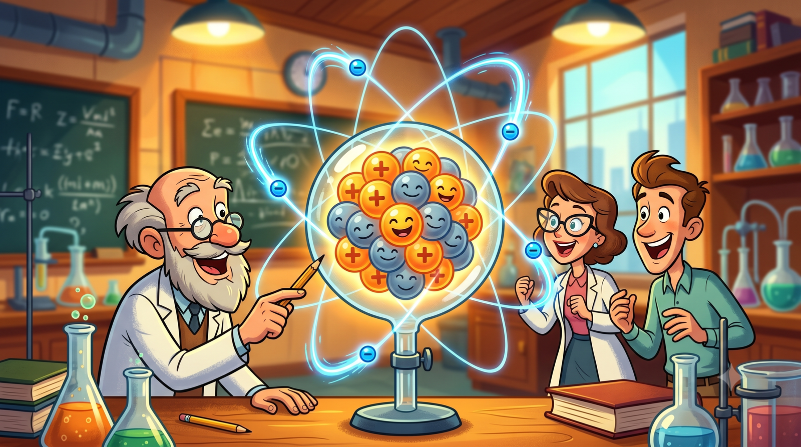 Atomic structure showing the nucleus, protons, neutrons and electrons