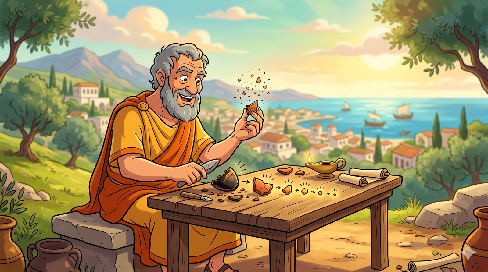 Ancient Greek philosopher contemplating the nature of matter