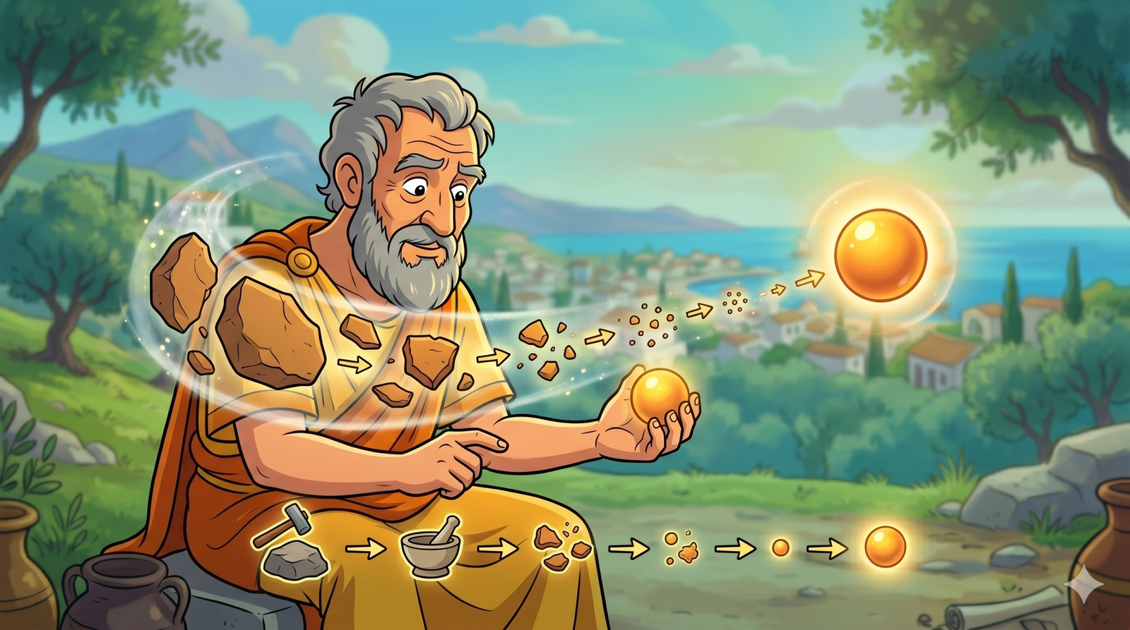 Historical representation of Democritus and atomic theory