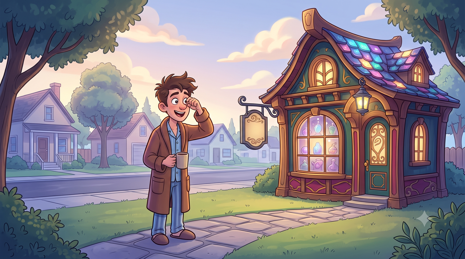 A magical shop appearing outside a house