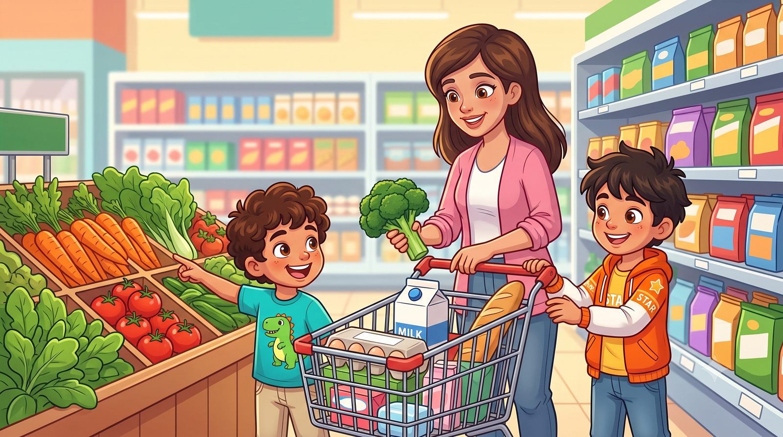 Mom putting essential groceries into the shopping cart
