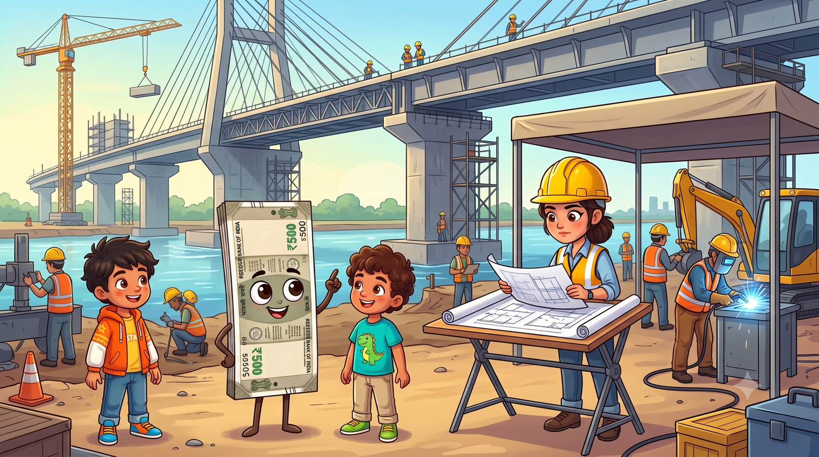An engineer wearing a safety helmet examining bridge blueprints at a construction site