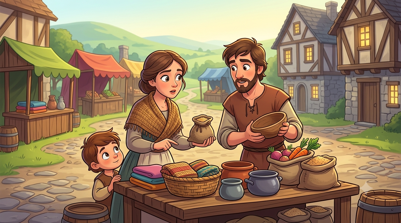A family long ago focusing on basic needs like food, shelter and clothing