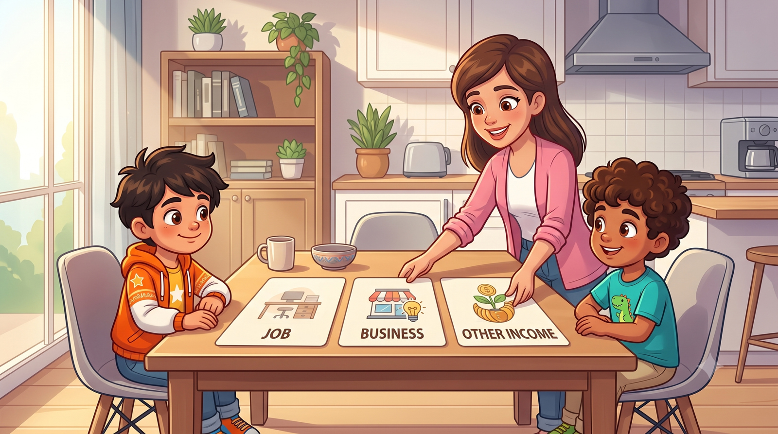Mum explaining different sources of income to Adu and Roro
