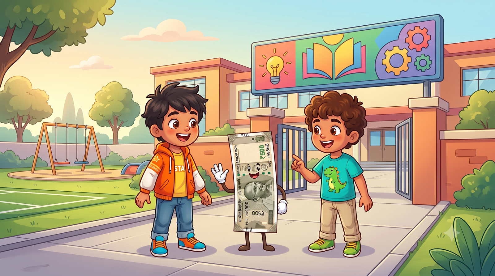 Adu and Roro discovering a classroom where a teacher is helping children learn