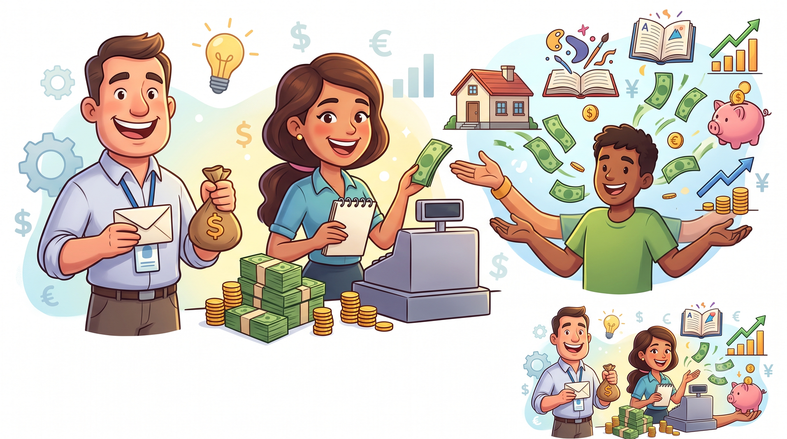 People working in different jobs to earn wages and salaries