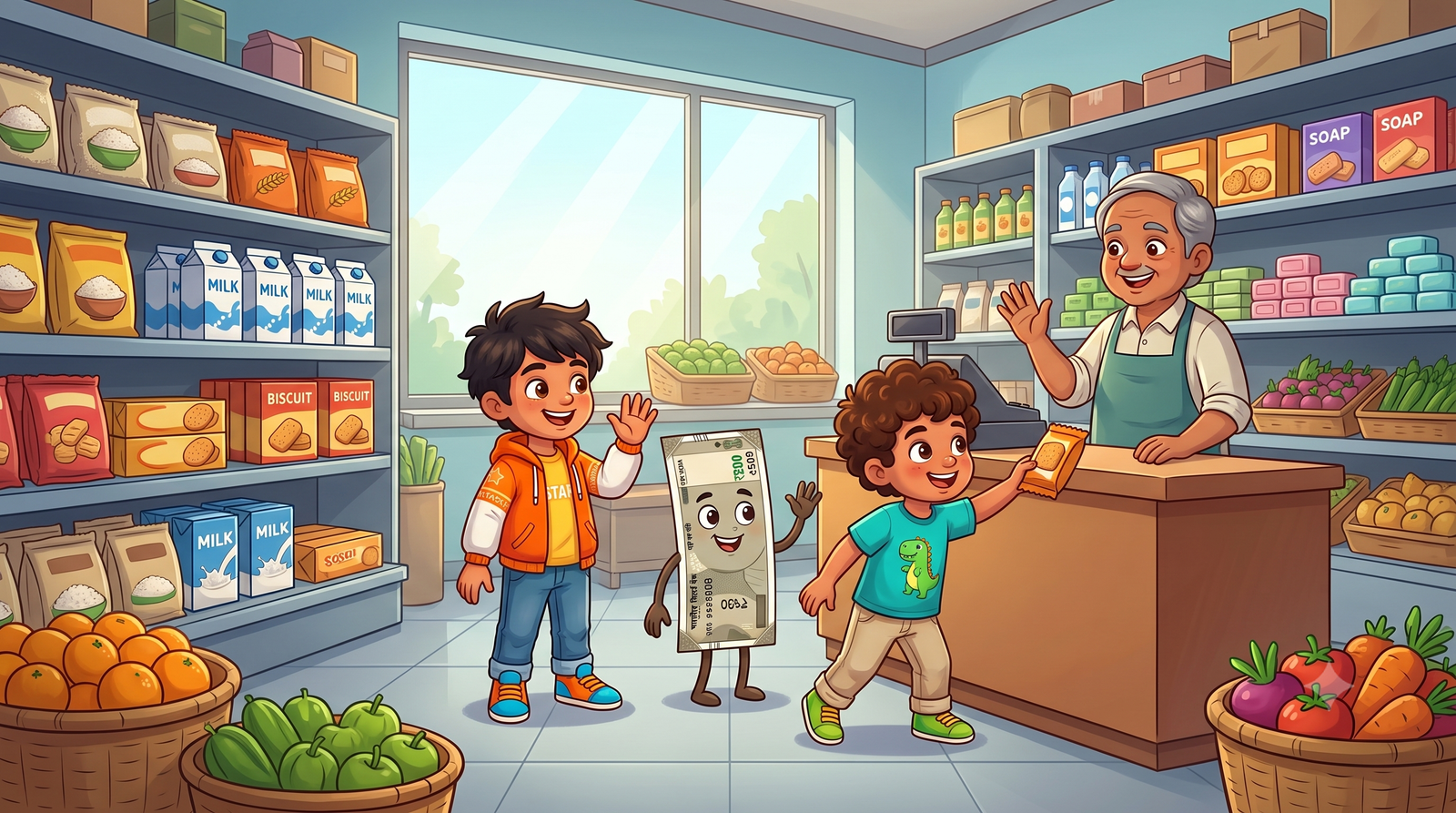 A friendly shopkeeper managing grocery sales, money, and business expense records