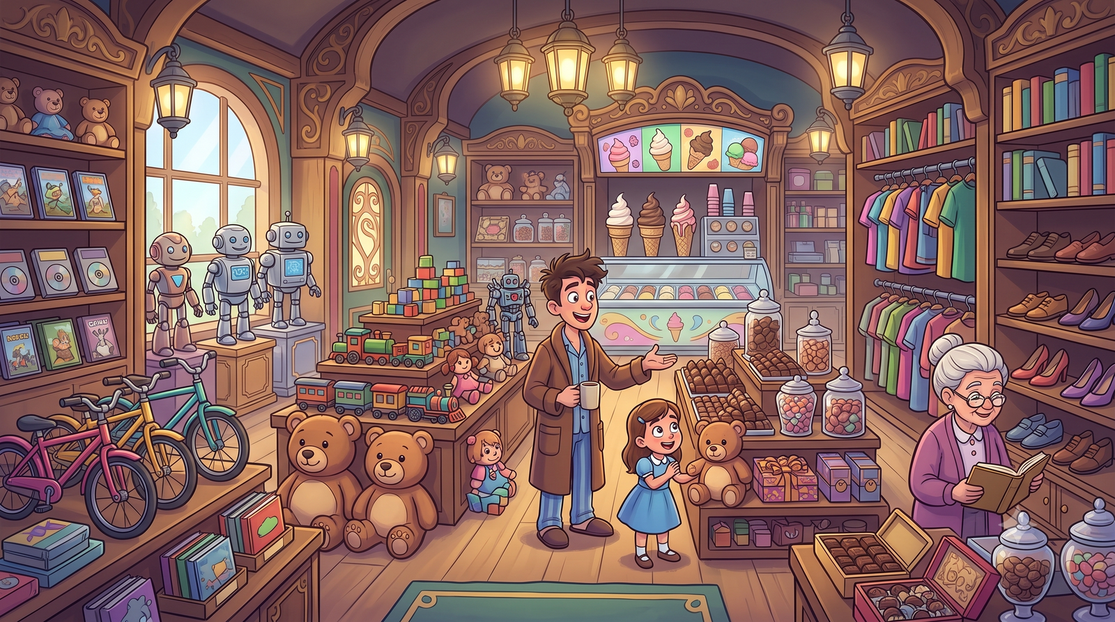 Toys, chocolates, bicycles, robots, games, books, clothes and ice cream inside a magical shop