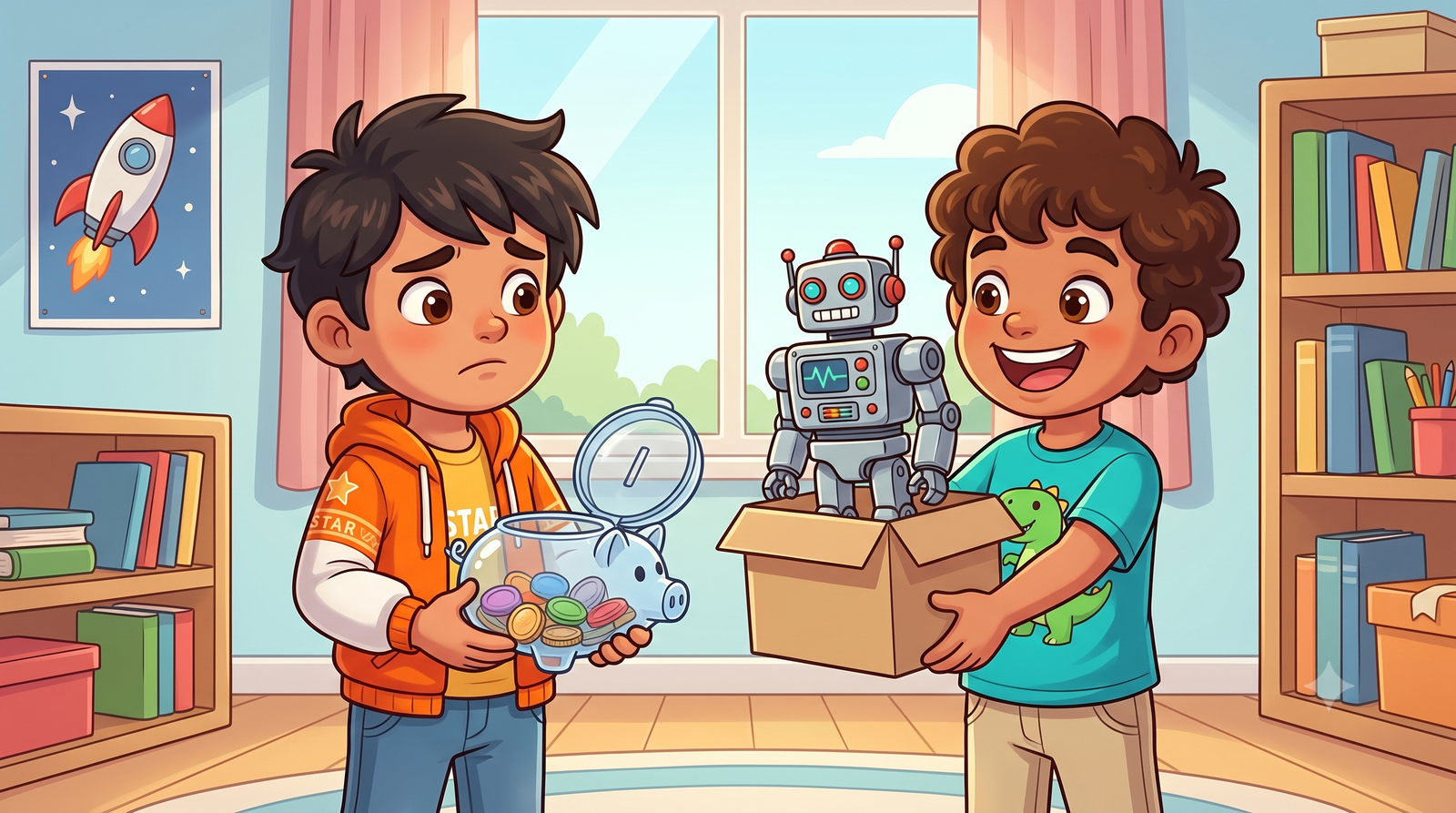 Child saving money and reaching a goal of buying a bigger toy