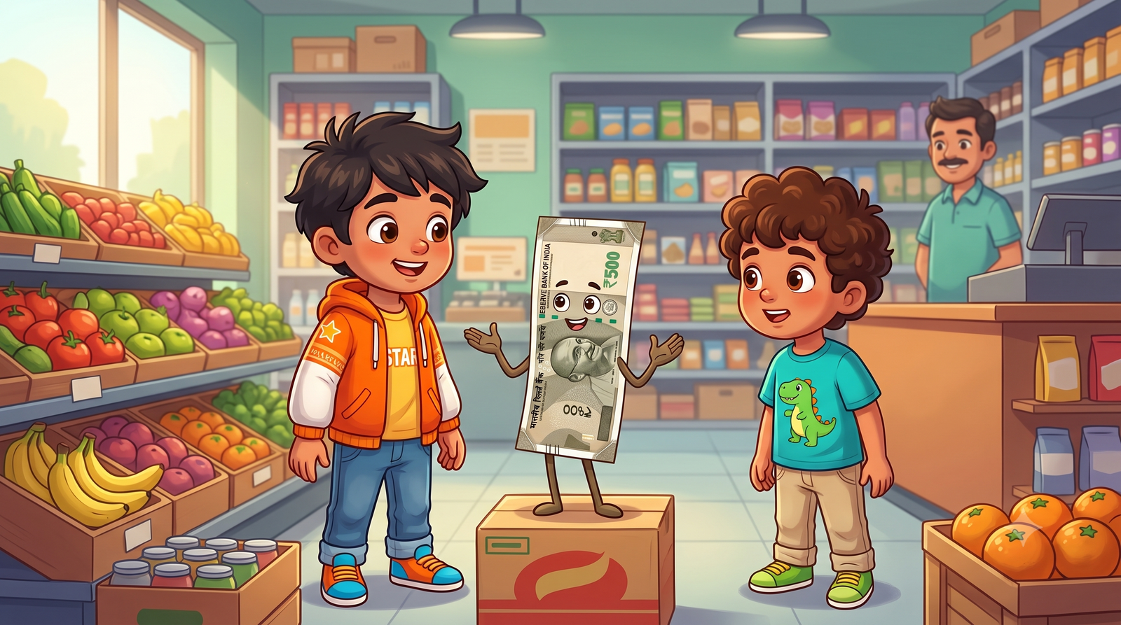 Adu and Roro visiting a friendly shopkeeper in a colourful grocery store