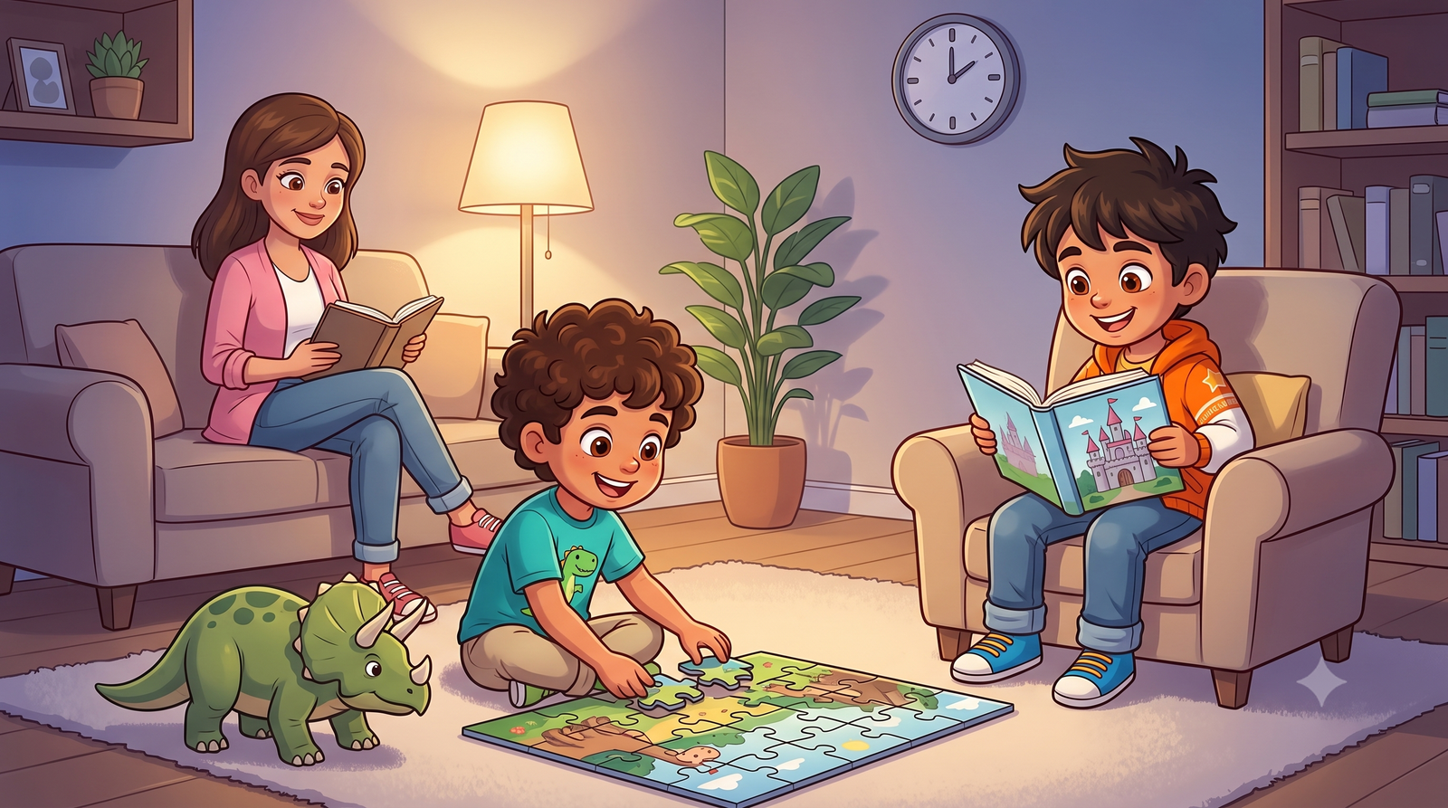 Children enjoying a puzzle and storybook after shopping