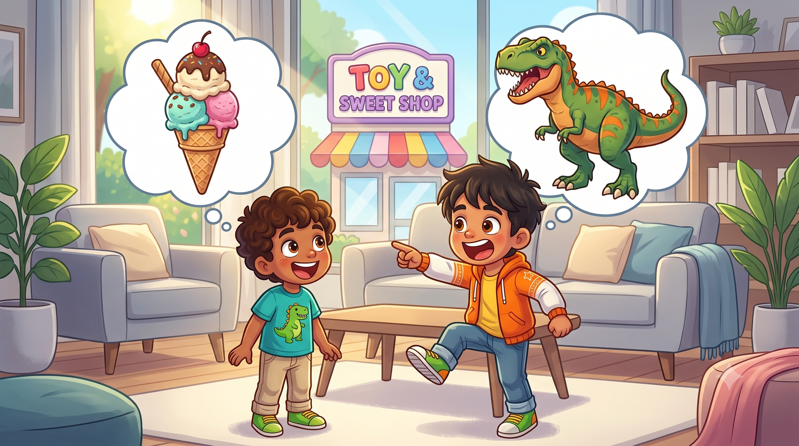 Adoo wanting ice cream and RoRow wanting a giant dinosaur toy