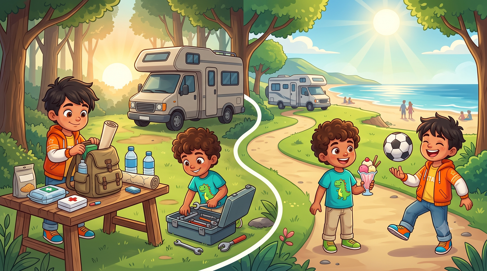 Child packing a backpack for a long adventure