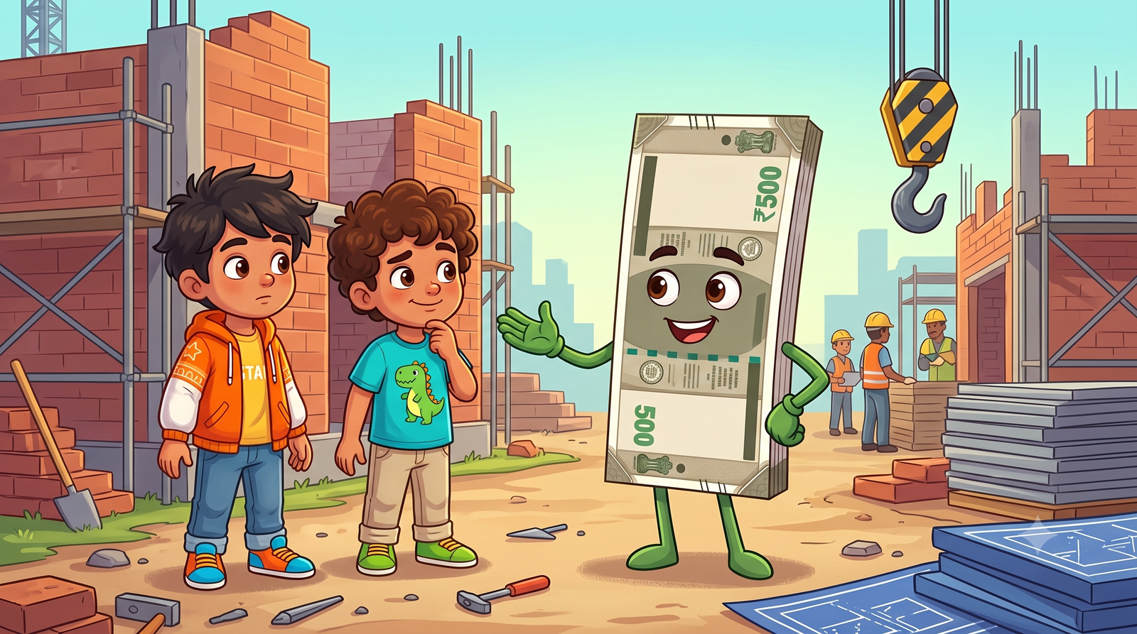 Adu and Roro visiting a construction site where an engineer is designing a bridge
