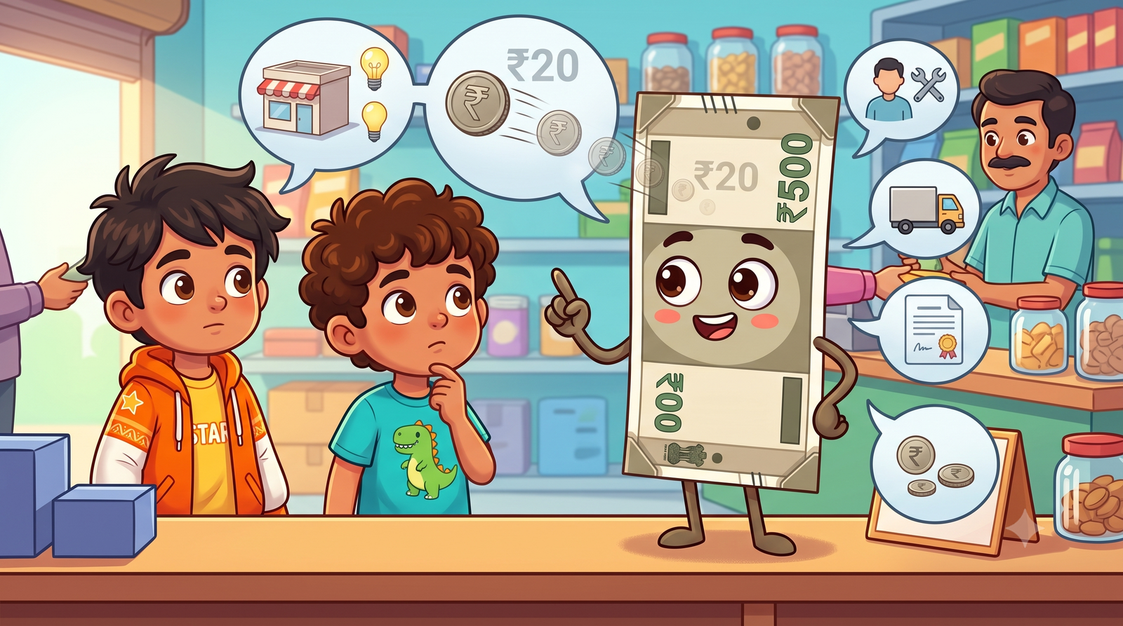 A shopkeeper checking electricity bills, rent records, and employee wages at a grocery counter