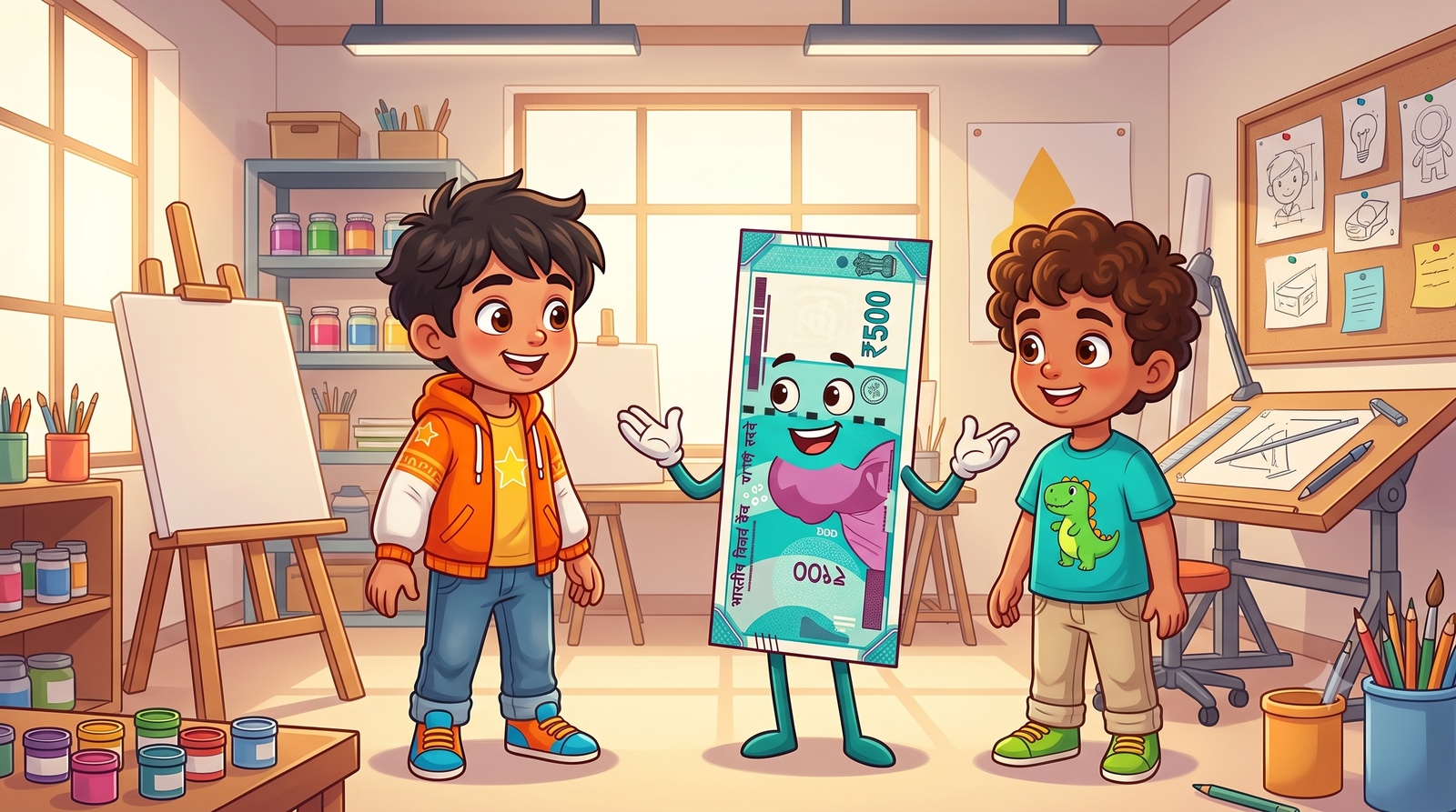 Adu and Roro discovering an artist's colourful animation studio